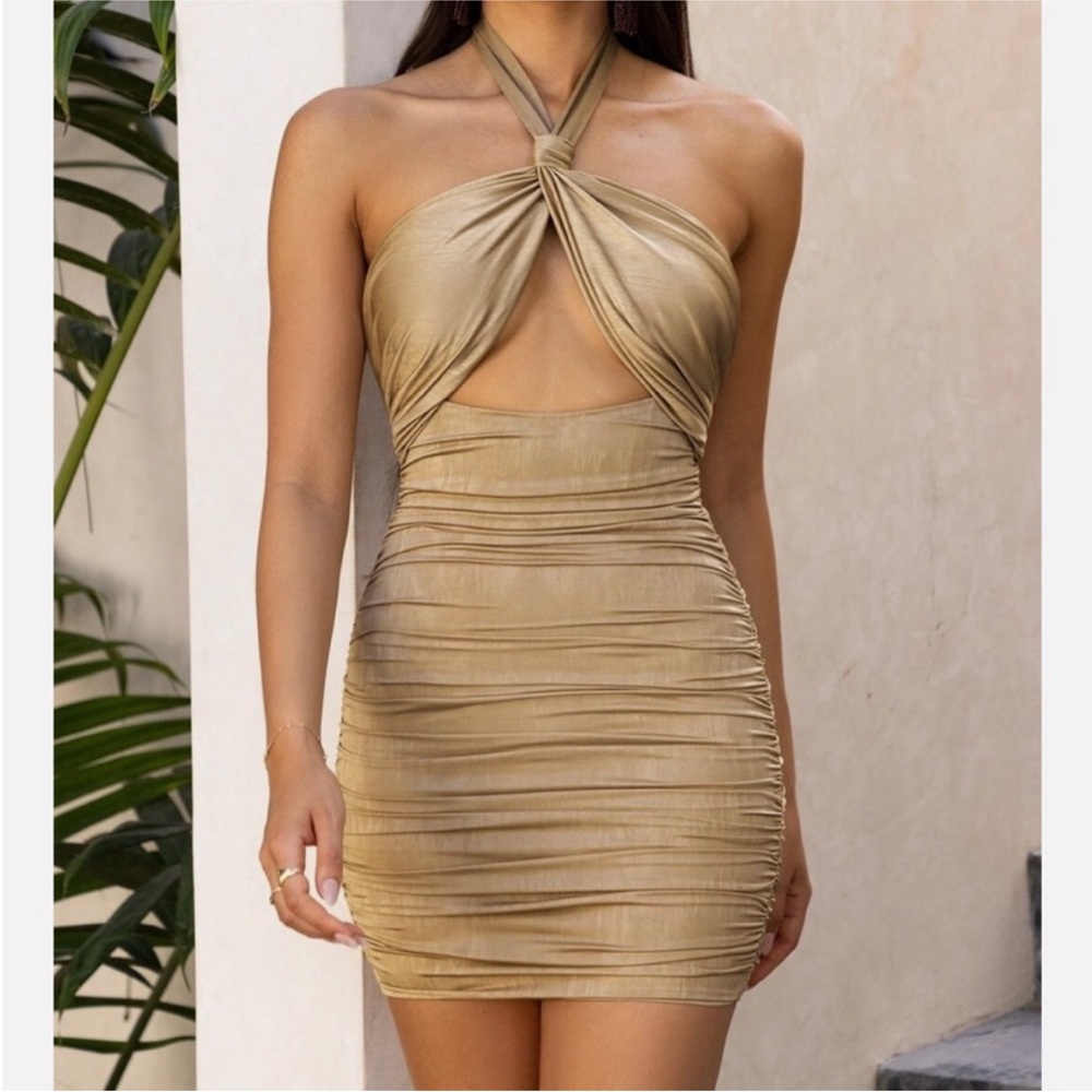 Oh Polly Strapless Gold ruched Dress